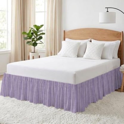 Lavender Linen Bed Skirt with Parallel Vertical Stripes - Queen 16 Inch Drop - Adjustable Elastic Wrap-Around Dust Ruffle