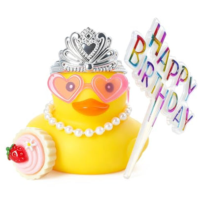 Mini Rubber Duck Birthday Decor with Crown & Sign – Yellow, Squeak, Car & Cake Topper