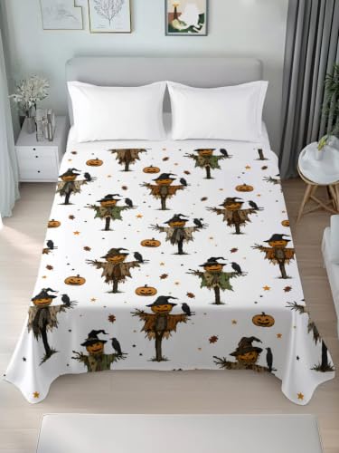 Halloween Twin Flat Sheet with Pumpkins & Crows - Orange, 66x96 inches, Soft Bedding