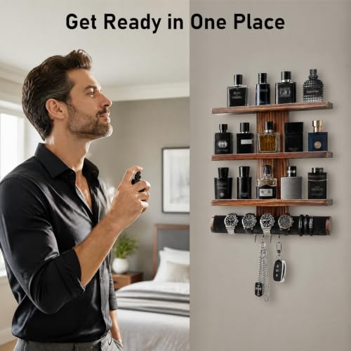 Wall Mounted Cologne Organizer with 3-Tier Shelves and Watch Bar