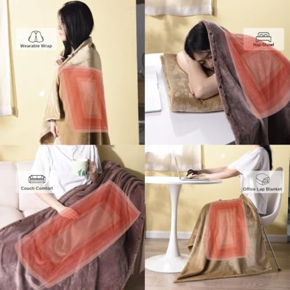 USB Heated Blanket Wearable Flannel Lap Throw 63x32 Inches Gray