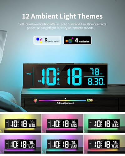 Digital Wall Clock with Color Options, Date, Temperature & Nightlight