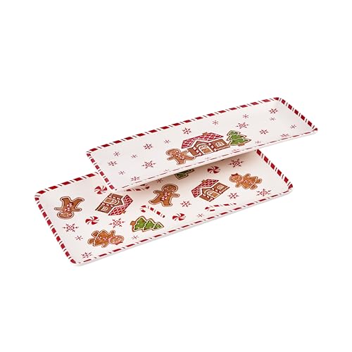 Gingerbread Man Serving Platters Set of 2 - Traditional Holiday Ceramic Trays