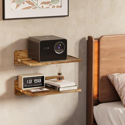 2 Pieces Acacia Wood Wall Mount Floating Shelf for Projector Router Modem TV