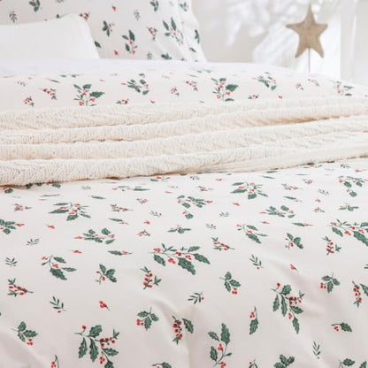 Christmas Duvet Cover Set Queen Size Holly Berries Pattern 90x90 Inch with 2 Shams