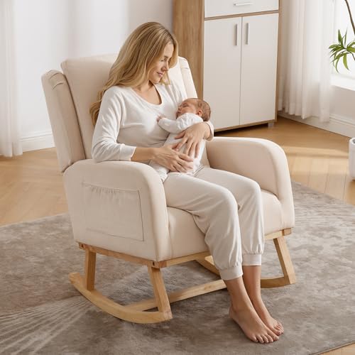 Nursery Glider Rocking Chair with Lumbar Pillow Beige - Modern Upholstered Nursery Chair for Bedroom & Living Room