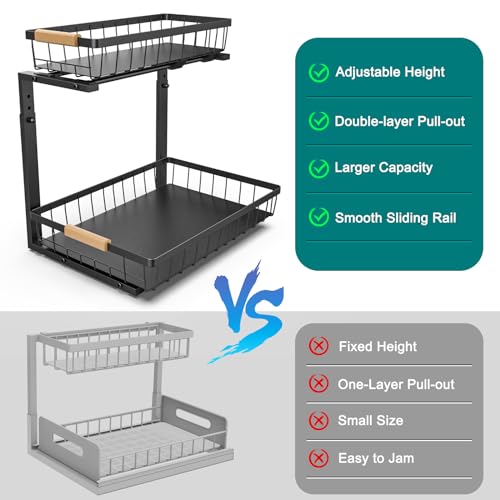 NATURE'S SOURCE Under Sink Organizers and Storage 1 Pack Height Adjustable 2 Tier Pull Out Cabinet Organizer Metal Slide Out Under Bathroom Kitchen Sink Organizers and Storage (Black, 1 pack)