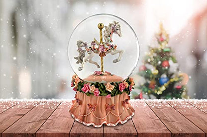 Carousel Horse Water Globe with Pink Flower Base - Handcrafted Decor