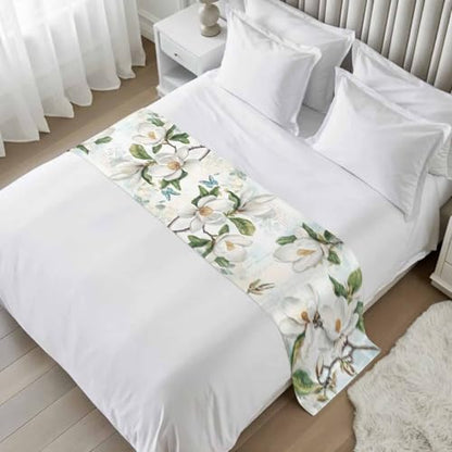 94x20in White Magnolia Flower Bed Runner for King Bed - Decorative Bed Scarf