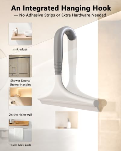 Gray and White 10-Inch Shower Squeegee for Glass Doors with Hook - No Squeak, Streak-Free Cleaning