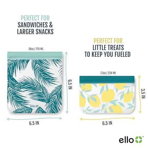 Ello 4 Pack Reusable Food Storage Bags, Resealable BPA-Free, Food-Safe PEVA, Feezer Safe and Leak-Proof