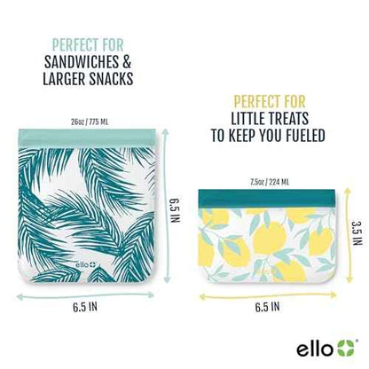 Ello 4 Pack Reusable Food Storage Bags, Resealable BPA-Free, Food-Safe PEVA, Feezer Safe and Leak-Proof