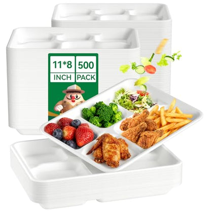 Compostable Paper Plates 5 Compartments 11x8 Inch - White, 500 Pack