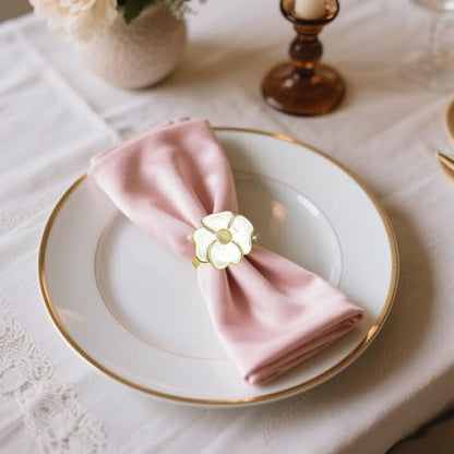Camellia Flower Napkin Rings Set of 6 - White & Gold Elegant Table Decor