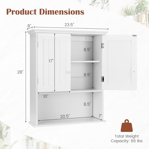 White Bathroom Wall Cabinet with Adjustable Shelf & 2 Doors - Modern Storage