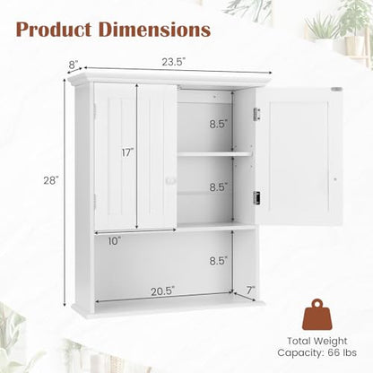 White Bathroom Wall Cabinet with Adjustable Shelf & 2 Doors - Modern Storage