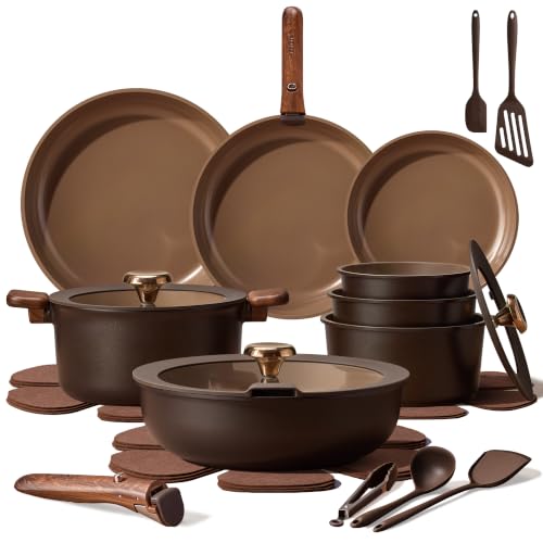 Ceramic Cookware Set with Detachable Handles - 25 Pieces, Brown