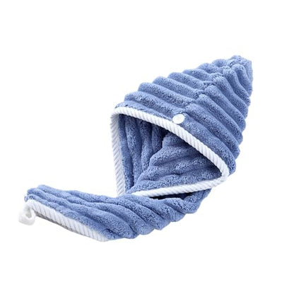 Microfiber Hair Towel with Button for Women - Blue, Quick-Dry, Absorbent