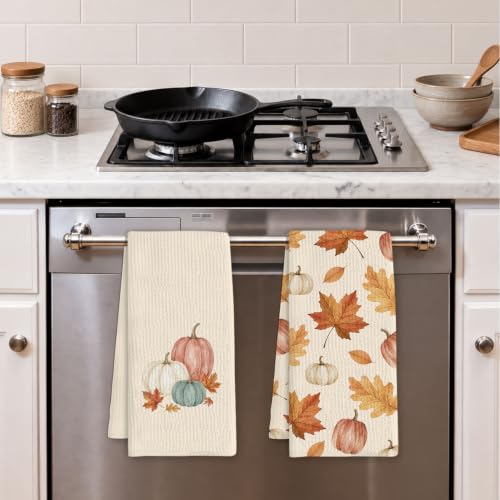 Fall Pumpkin Kitchen Towels Set of 2 - Autumn Leaves Thanksgiving Dish Towels
