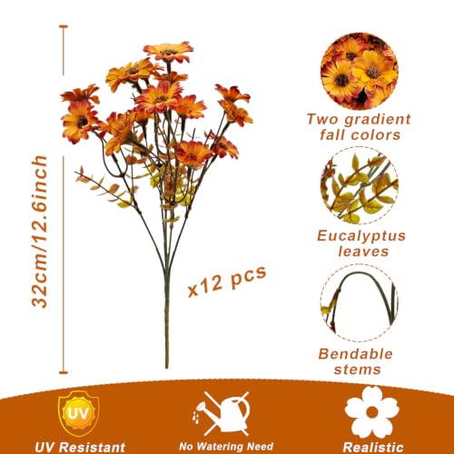 Artificial Mums Flowers for Outdoor & Indoor Decor - Orange Yellow, 12 Bundles
