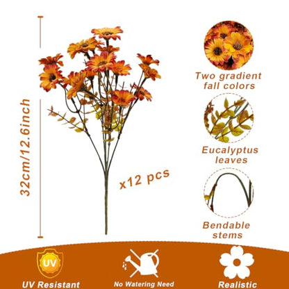 Artificial Mums Flowers for Outdoor & Indoor Decor - Orange Yellow, 12 Bundles