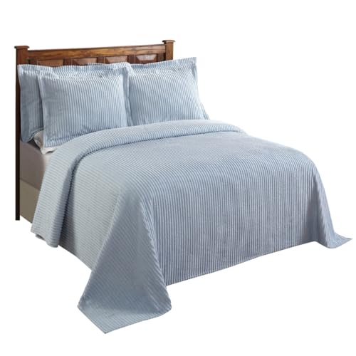 Queen Size Cotton Tufted Chenille Bedspread - Oversized Light Blue Luxury Bedding