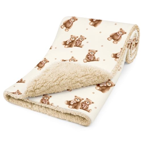Fleece Baby Blanket 30x35 Inches - Tan Bear Plush Reversible Crib Cover for Boys & Girls