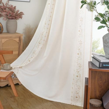 BGment Boho Floral Border Linen Curtains for Living Room, 2 Panels, Beige, 52"W x 84"L