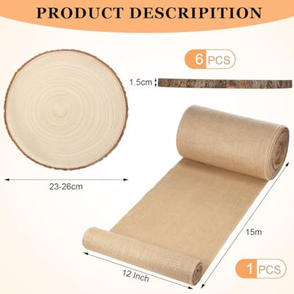Tioncy Burlap Table Runner & Wood Slices Set - 50ft, 6 Pcs Natural Farmhouse Decor