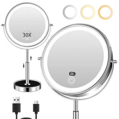 Chrome Lighted Makeup Mirror with 30X Magnification & Adjustable Height