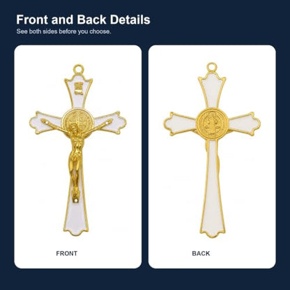 Roman Catholic Gold Corpus Saint Benedict Crucifix Wall Cross - 8 Inch White Enamel Finish