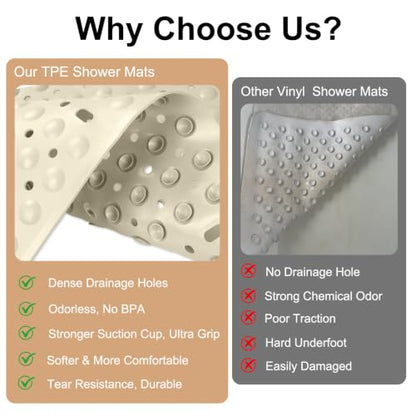 Khaki Non Slip Shower Mat 27 x 27 Inch with Suction Cups, Quick Drain - EIVINJE
