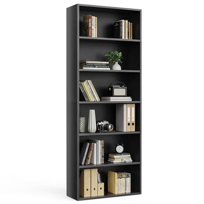 6-Tier Bookcase - 63 Inch Tall Open Bookshelf in Modern Black - DUMOS