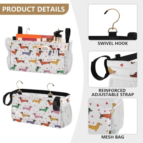Dog Print Bedside Caddy Organizer for Dorm & Bunk Beds with Hooks