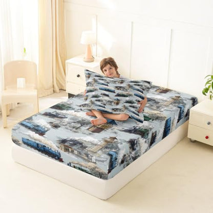 Vintage Steam Engine Twin Fitted Sheet Set for Kids - Gray Blue, Deep Pocket 2Pcs with Pillowcase