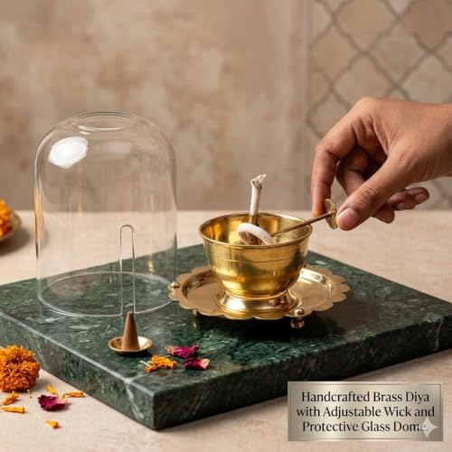 Brass Akhand Jyot Diya with Glass Cover and Adjustable Wick Control