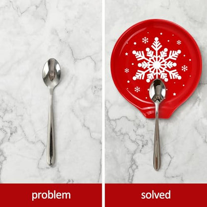 Christmas Snowflake Ceramic Spoon Rest - Red & White Holiday Kitchen Decor - 4.7 Inch