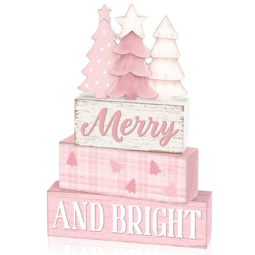 Pink Christmas Wooden Sign Set - Festive Holiday Table Decor, 4 Pieces