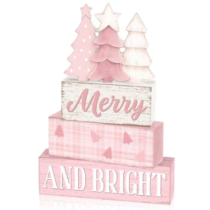 Pink Christmas Wooden Sign Set - Festive Holiday Table Decor, 4 Pieces