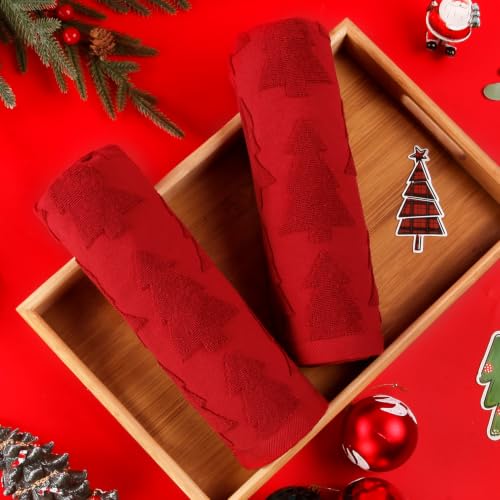 Christmas Hand Towels Set - Red Tree Pattern, 2 Pack, Cotton Bathroom Decor