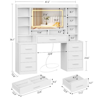 Large Vanity Desk with Mirror and 3-Color LED Lights, 7 Drawers & 6 Shelves, USB & Power Outlets, White