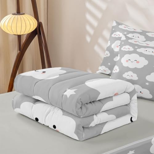 Twin Size Cloud Zipper Bedding Set with Comforter Fitted Sheet & Pillowcases - Grey Star Clouds Sky