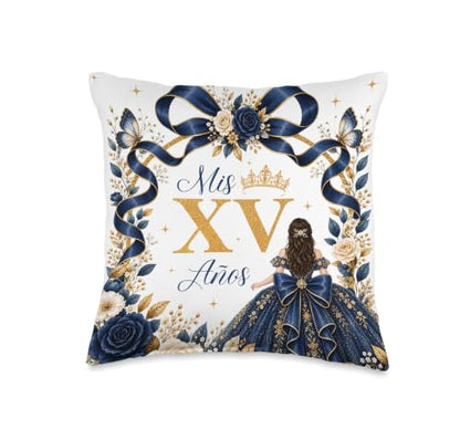 15th Birthday Quinceañera Throw Pillow - Navy Blue Gold Floral 16x16