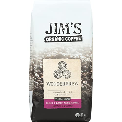 Jim’s Organic Coffee – Wonderbrew Blend – Medium/Dark Roast, Whole Bean, 12 oz Bag - Certified Organic, Regeneratively Grown, Ethically Traded, Shade Grown Coffee