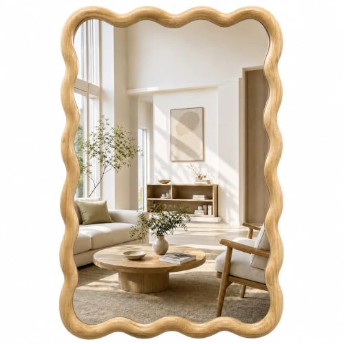 Wavy Solid Wood Mirror - Boho Rectangular Wall Mirror 20x30 Inches - Natural Finish