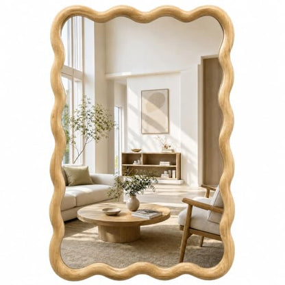 Wavy Solid Wood Mirror - Boho Rectangular Wall Mirror 20x30 Inches - Natural Finish