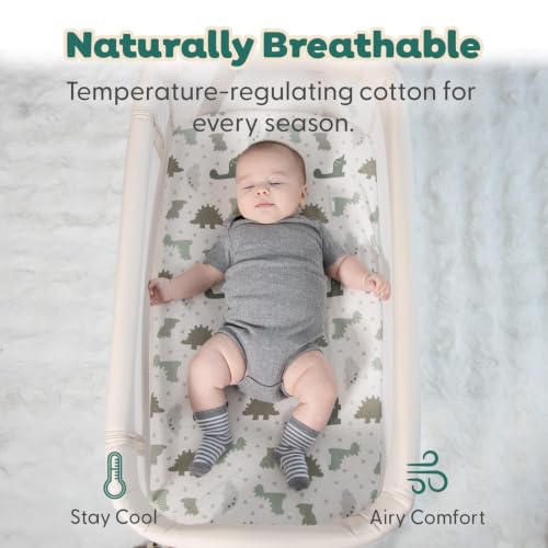 Organic Cotton Bassinet Sheets Boy - Sage Dino 2-Pack Baby Bed Sheets