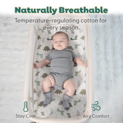 Organic Cotton Bassinet Sheets Boy - Sage Dino 2-Pack Baby Bed Sheets