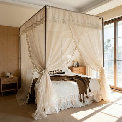 Canopy Bed Curtains with Bohemian Tassel Pendant Cotton Yarn - Beige / 1.5x2M