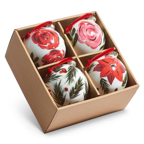 Hand Painted Floral Ornament Set - 4 Inch Glass Holiday Decorations